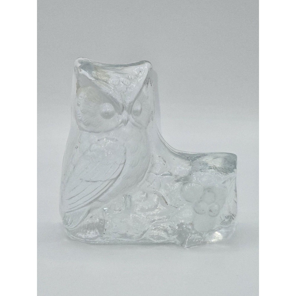 Viking Glass‎ Clear Textured Glass Owl Figurine Ice Glass Mid Century Modern